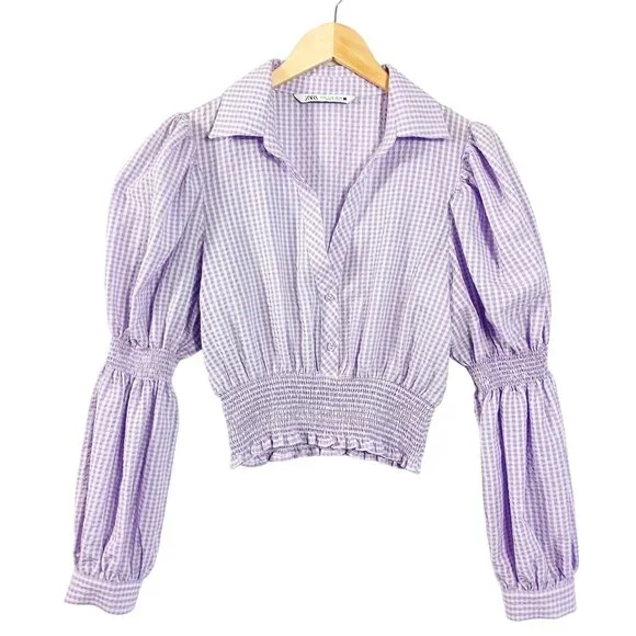 Zara, Lavender & White Gingham Check Crop Top, Long Sleeve, Renaissance, Peasant - Picture 3 of 14